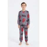 Bunny Hopp Erkek Çocuk Uzun Kollu Pijama Takımı %100 Pamuk Kırmızı Maske Desenli Penye - Gri - 11 - 12 Yaş
