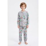 Bunny Hopp Erkek Çocuk Uzun Kollu Pijama Takımı %100 Pamuk Piksel Blok Desenli Penye - Gri - 4 - 5 Yaş