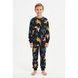 Bunny Hopp Erkek Çocuk Uzun Kollu Pijama Takımı %100 Pamuk Siyah Renkli Dinozor Desenli Penye - 7 - 8 Yaş