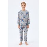 Bunny Hopp Erkek Çocuk Uzun Kollu Pijama Takımı %100 Pamuk Vintage Uçak Desenli Penye - Gri - 10 - 11 Yaş
