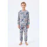 Bunny Hopp Erkek Çocuk Uzun Kollu Pijama Takımı %100 Pamuk Vintage Uçak Desenli Penye - Gri - 8 - 9 Yaş