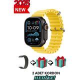 Bunnys Samsung Galaxy Fold Uyumlu Universal Akıllı Saat Watch Ultra2 49MM Kordonlu - Son Versiyon - Sarı - 49 mm