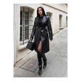 buqre's moda Siyah Oversize Geniş Kesim Kuşaklı Suni Deri Trençkot