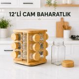 BURADABULDUN 12 Li Cam Baharatlık Seti Bambu Kapaklı Kare Döner Standlı Tuzluk Baharat Takımı
