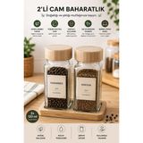 BURADABULDUN 2 Li Cam Baharatlık Seti Bambu Kapaklı ve Standlı Cam Baharat Kavanozu