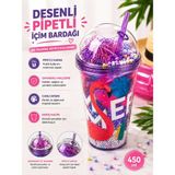 BURADABULDUN 450 ml Desenli Pipetli Içecek Bardağı Kapaklı Dekoratif Soğuk Içecek Bardağı
