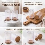BURADABULDUN Ahşap Kapaklı 2'li Tuzluk Seti - Şeffaf Plastik Baharatlık Karabiberlik