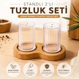 BURADABULDUN Ahşap Standlı 2'li Tuzluk Seti - Ahşap Kapaklı Şeffaf Plastik Baharatlık