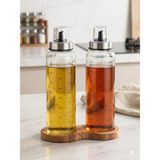BURADABULDUN Ahşap Standlı Cam Yağdanlık Seti 500 ml | 2 Li Set | Damlatmaz Kapaklı Modern Tasarım