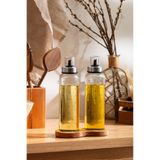 BURADABULDUN Ahşap Standlı Cam Yağdanlık Seti | Damlatmaz Kapak | 500 ml | 2 Li Set