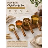BURADABULDUN Premium 4 Parça Metal Ölçü Kabı Cup Seti Ahşap Saplı Kahve Baharat ve Bakliyat Ölçü Kaşığı