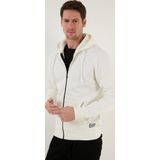 Buratti 5905340 Slim Fit Kapüşonlu Fermuarlı İçi Tüylü Yumuşak Şardonlu Kışlık Ekru Erkek Sweatshirt