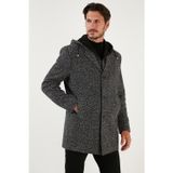 Buratti Çıkarılabilir Kapüşonlu Kırçıllı Slim Fit Kaşe Erkek Kaban 5841013 Siyah Noktalı