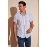 Buratti Çizgili % 100 Pamuk Slim Fit Kısa Kollu Gömlek Erkek GÖMLEK CF23S116097 - 2XL - Beyaz - Saks