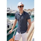 Buratti Çizgili Pamuk Karışımlı Kısa Kollu Apaş Yaka Regular Fit Gömlek Erkek Gömlek CF24S117664 - Lacivert - 2XL