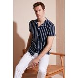 Buratti Çizgili Pamuk Karışımlı Kısa Kollu Apaş Yaka Regular Fit Gömlek Erkek Gömlek CF24S117664 - Lacivert