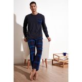 Buratti Ekoseli Cepli Beli Lastikli % 100 Pamuk Regular Fit Pijama Takımı Erkek Pijama Takımı 6572001 - Lacivert - Saks