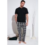 Buratti Ekoseli Pamuklu Beli Lastikli Regular Fit Kısa Kollu Erkek Pijama Takımı 6572004 SİYAH