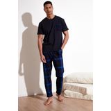 Buratti Ekoseli Pamuklu Regular Fit Kısa Kollu Erkek Pijama Takımı 6572002 LACİVERT-SAKS