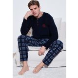 Buratti Ekoseli Regular Fit Düğmeli Bisiklet Yaka Kışlık Polar Erkek Pijama Takımı 60961002 LACİVERT