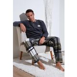 Buratti Ekoseli Regular Fit Düğmeli Bisiklet Yaka Kışlık Polar Erkek Pijama Takımı 60961008 GRİ