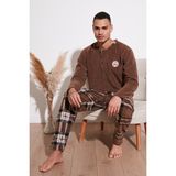 Buratti Ekoseli Regular Fit Düğmeli Bisiklet Yaka Kışlık Polar Pijama Takımı Erkek Pijama Takımı 60961002 - Camel - 2XL