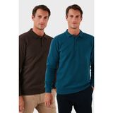 Buratti Pamuk Karışımlı Regular Fit 2'li Paket Polo Yaka Kazak Erkek Polo Yaka Kazak 456223S2 - Kahverengi - Petrol - XL