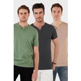 Buratti Pamuklu Düğme Detaylı Slim Fit V Yaka 3'lü Paket Erkek T Shirt 5902122S3 Antrasit-Elma Yeşili-Taş