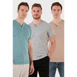 Buratti Pamuklu Düğme Detaylı Slim Fit V Yaka 3'lü Paket T Shirt Erkek T Shirt 5902122S3 - Açık Mavi - Gri