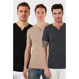 Buratti Pamuklu Düğme Detaylı Slim Fit V Yaka 3'lü Paket T Shirt Erkek T Shirt 5902122S3 - Antrasit - Gri - Siyah