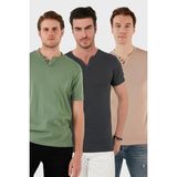 Buratti Pamuklu Düğme Detaylı Slim Fit V Yaka 3'lü Paket T Shirt Erkek T Shirt 5902122S3 - Antrasit - Gri - Yeşil