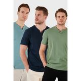 Buratti Pamuklu Düğme Detaylı Slim Fit V Yaka 3'lü Paket T Shirt Erkek T Shirt 5902122S3 - Indigo - Yeşil