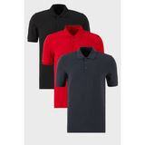 Buratti Pamuklu Regular Fit Düğmeli Polo Yaka 3'lü Paket T Shirt Erkek T Shirt 5902127S3 - Siyah - Kırmızı - Antrasit - XL
