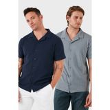 Buratti Pamuklu Regular Fit Kısa Kollu 2'li Paket Gömlek Erkek Gömlek 5902640S2 - Indigo - Gri