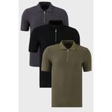Buratti Pamuklu Regular Fit Yarım Fermuarlı 3'lü Paket Polo Yaka T Shirt Erkek Polo Yaka T Shirt 5902434S3 - Siyah - Haki - Gri Melanj