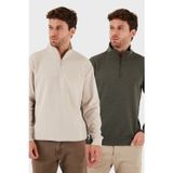 Buratti Pamuklu Regular Fit Yarım Fermuarlı Dik Yaka 2'li Paket Erkek Kazak 456112S2 BEJ-HAKİ