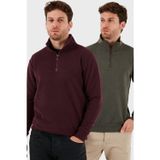 Buratti Pamuklu Regular Fit Yarım Fermuarlı Dik Yaka 2'li Paket Erkek Kazak 456112S2 Haki-Mürdüm