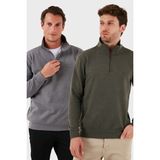 Buratti Pamuklu Regular Fit Yarım Fermuarlı Dik Yaka 2'li Paket Kazak Erkek Kazak 456112S2 - Gri - Haki - 2XL