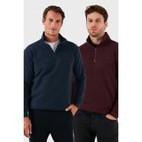 Buratti Pamuklu Regular Fit Yarım Fermuarlı Dik Yaka 2'li Paket Kazak Erkek Kazak 456112S2 - Lacivert - Mürdüm - 2XL