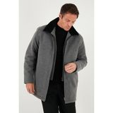 Buratti Slim Fit Erkek Kaban Açık Gri Polyester Malzeme ile Tüylü Yaka Detaylı