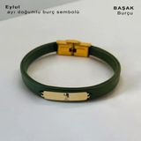 Burca Özel Dikdörtgen Figürlü Hakiki Yeşil Derili 14 Ayar Altın Plakalı Hediye Bileklik-371