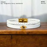 Burca Özel Oval Motifli Doğal Beyaz Derili Sevgililer Günü İçin 14 Ayar Altın Plakalı Hediye Bileklik-380
