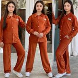 Burçak Butik Bayramlık Mevsimlik Kız Çocuk Fitilli Kadife Gömlek - Pantolon 2 Parça Takım - Turuncu - 11 - 12 Yaş