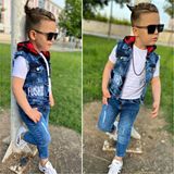 Burçak Butik Erkek Çocuk Kapüşonlu Kot Yelek / Kot Pantolon / Suprem Tişört 3'lü Takım - Bayramlık - Mavi - Beyaz - 4 - 5 Yaş