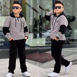 Burçak Butik Erkek Çocuk Kapüşonlü Sweatshirt - Kadife Pantolon Full Likra Kışlık Alt Üst 2'li Takım - Bayramlık - Siyah - Krem - 12 - 13 Yaş