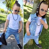 Burçak Butik Erkek Çocuk Kapüşonlu Yelek / Pantolon / Tişört 3'lü Kombin - Bayramlık - Mavi - Beyaz - 3 - 4 Yaş