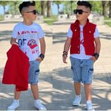 Burçak Butik Erkek Çocuk Kot Yelek / Tişört / Kot Pantolon 3 Parça Takım - Bayramlık - Yazlık - 3 - 4 Yaş - Kırmızı