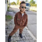 Burçak Butik Kışlık Kadife Ceket / Pantolon / 3 Ip Sweatshirt Likralı - 3'lü Alt Üst Takım - Bayramlık - Kahverengi - 11 - 12 Yaş