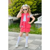 Burçak Butik Kız Çocuk Gabardin Yelek / Gabardin Etek / Süprem Tişört 3 Parça Yazlık Takım - Bayramlık - 4 - 5 Yaş - Pembe - Beyaz