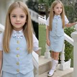 Burçak Butik Kız Çocuk Gömlek / Ceket / Etek / Alt Üst 3 Parça Takım - Bayramlık (Broş Hediye) - Mavi - 7 - 8 Yaş